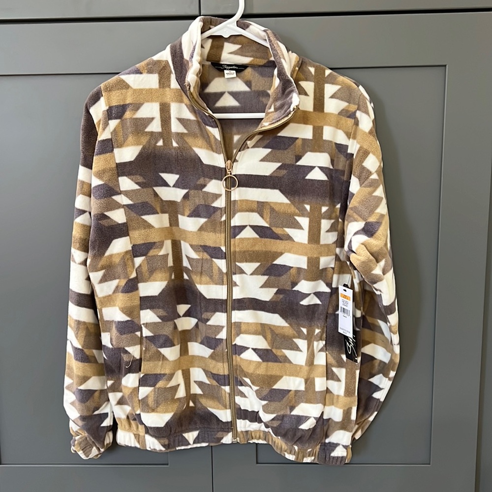 NWT{Supplies by Union Bay}Sz S TanBrownCream Aztec Print Fleece Zip Up w/pockets